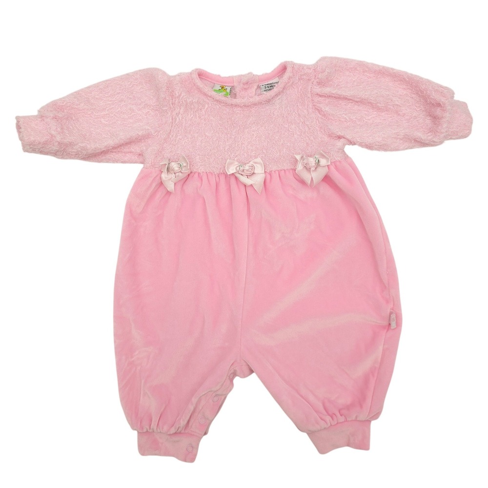 Vintage Sesame Street Pink Velour Romper Fuzzy Bows Vintage 90s Girls 3-6M